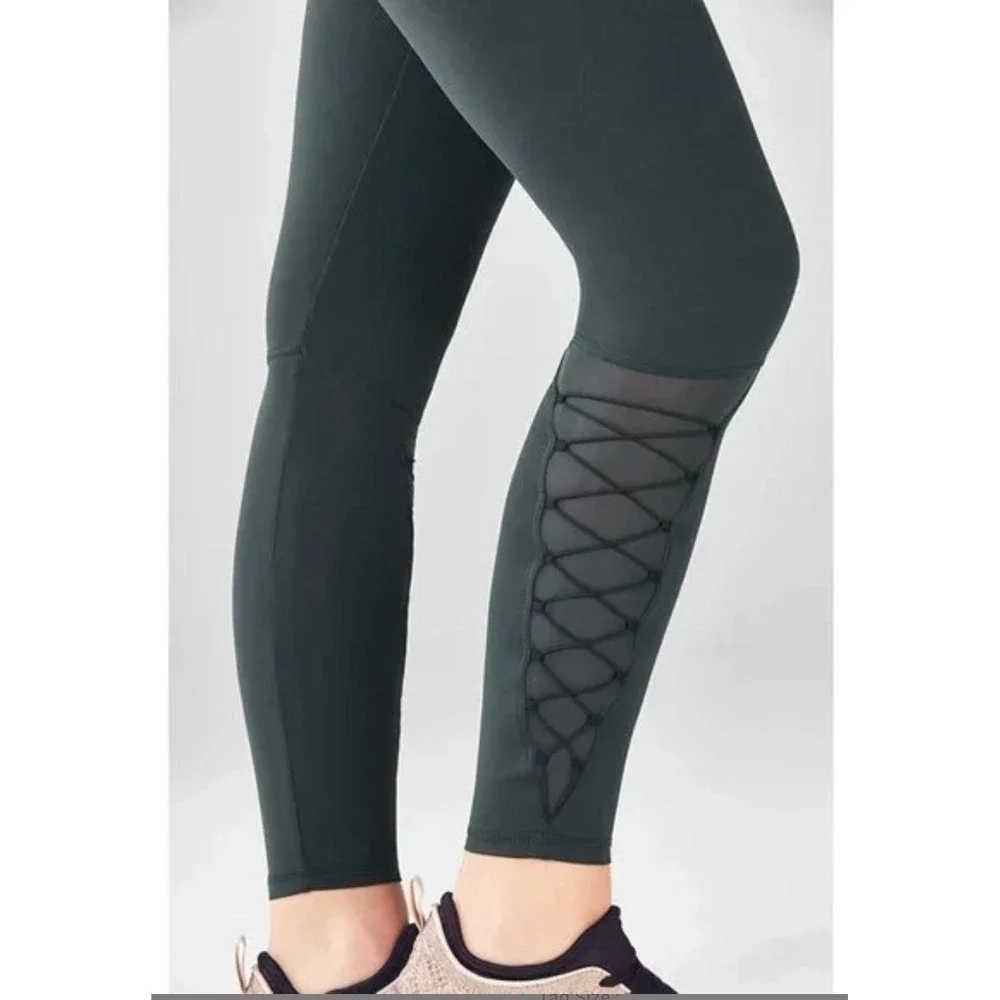 NWT Demi Lovato x Fabletics PowerHold‎ Lace Up Leggings Dark Teal Green Size Lg